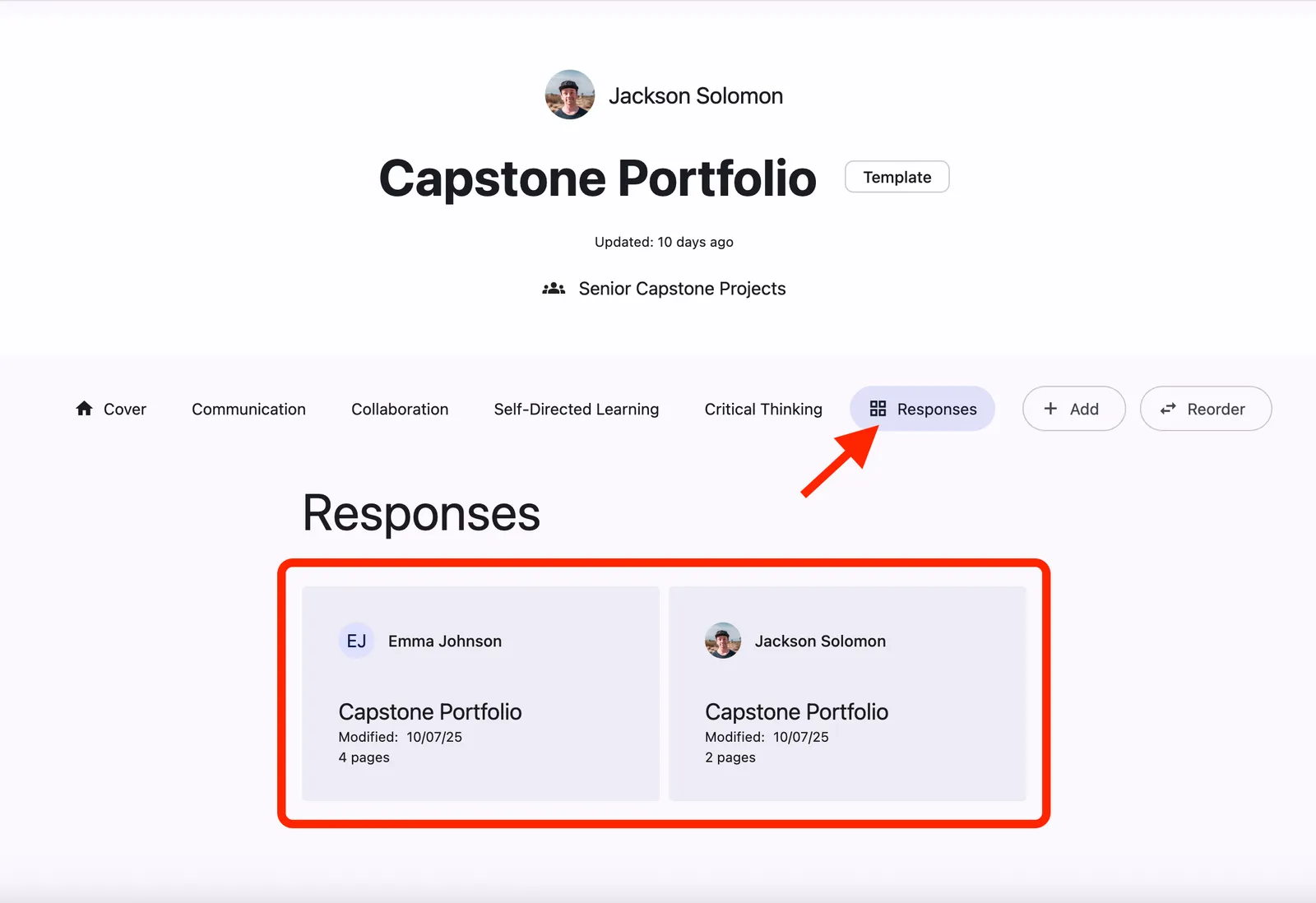 Portfolio Template Responses Tab