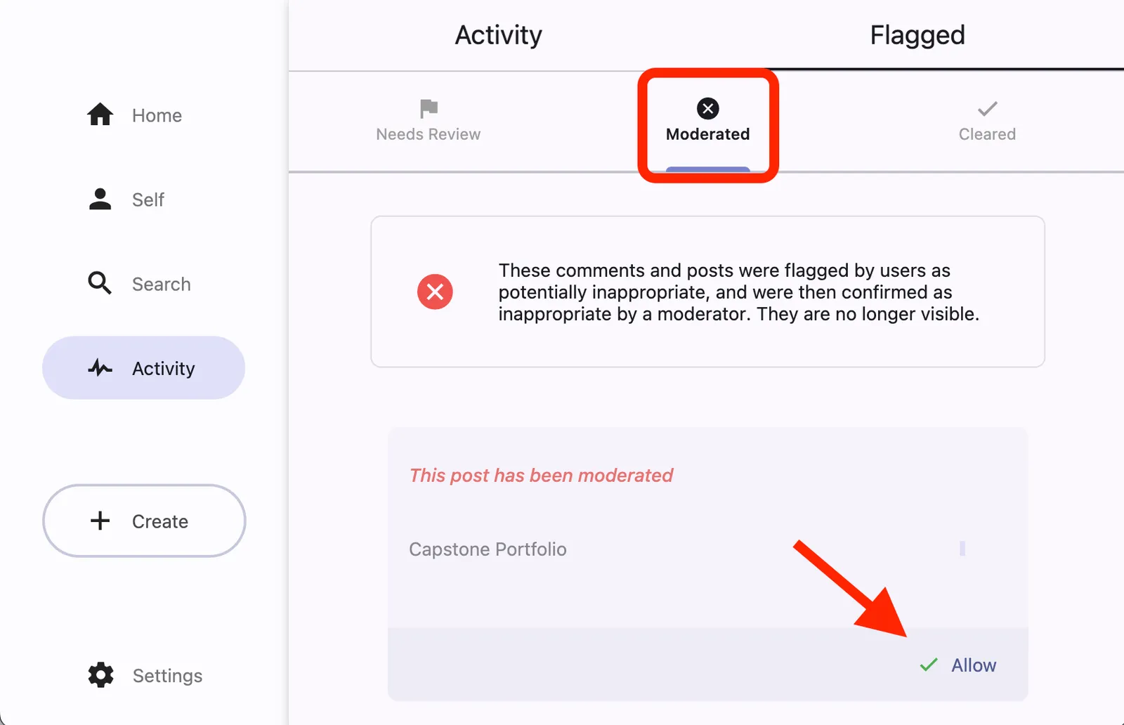Moderated tab in activity feed on web