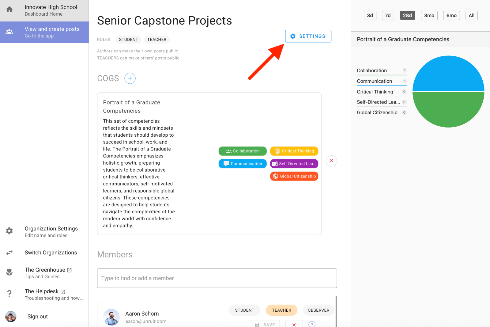 Settings Button in a Group in the Admin Dashboard