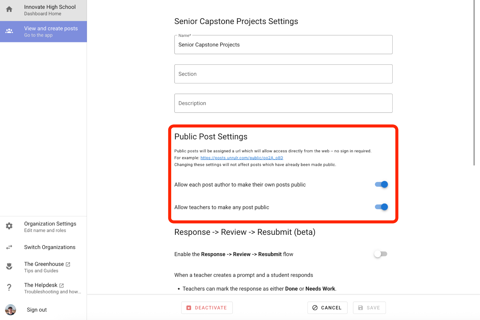 Public Post Settings in the Admin Dashboard