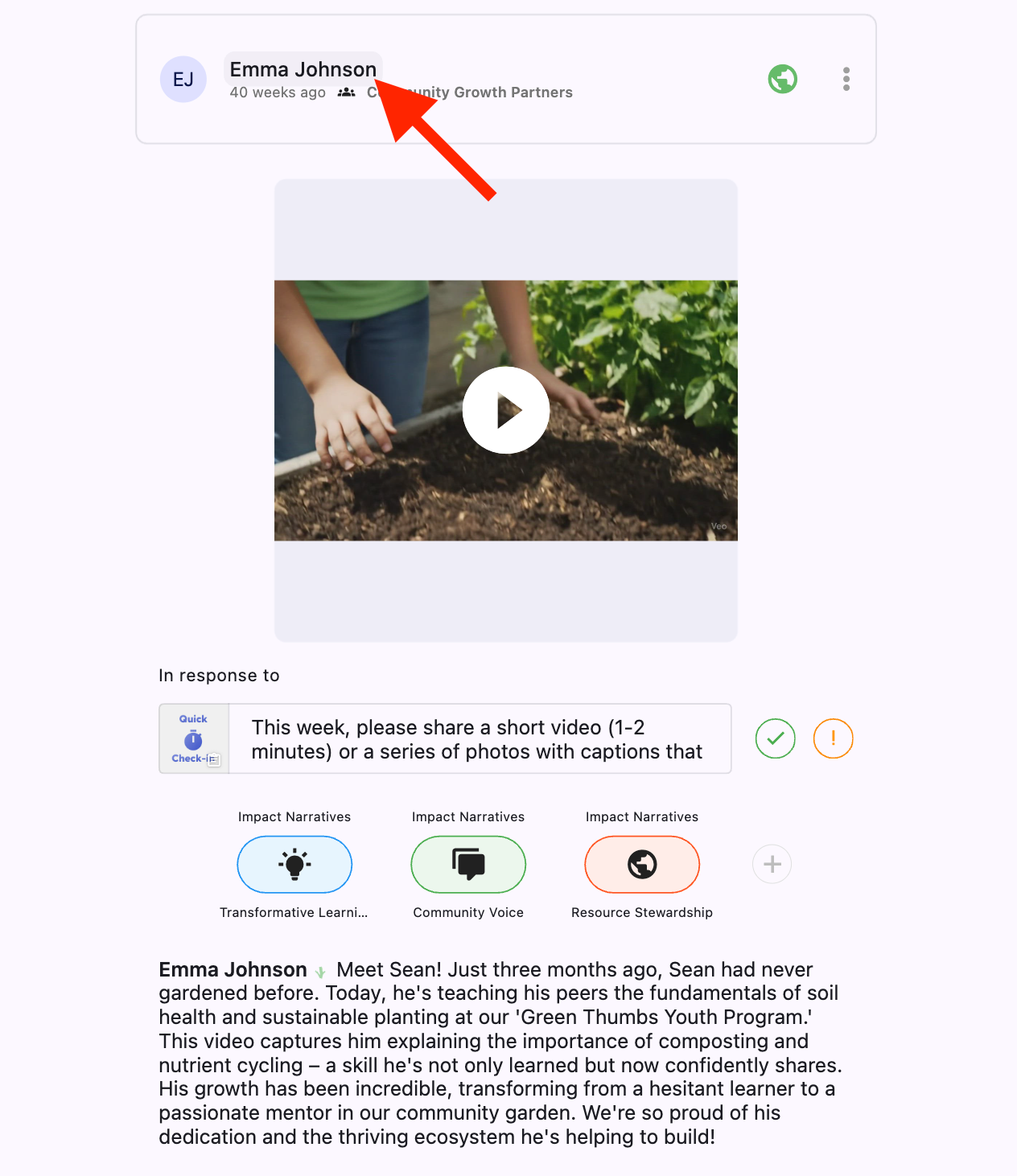 Student name in post header